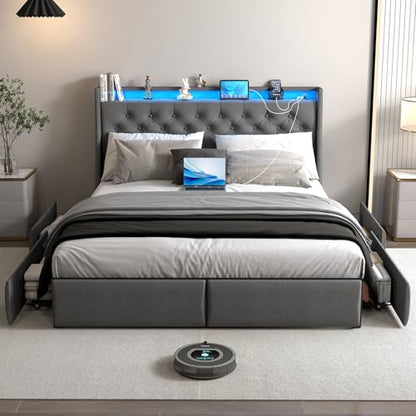 Upholstered Queen Size Bed Frame with 4 Storage Drawers and LED Lights, view 4
