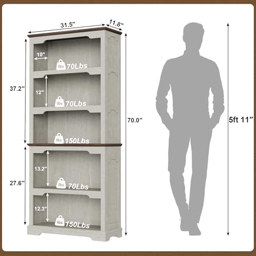 70”Tall White Bookcase Bookshelf, 5-Tier Farmhouse Bookcase Shelves, view 3