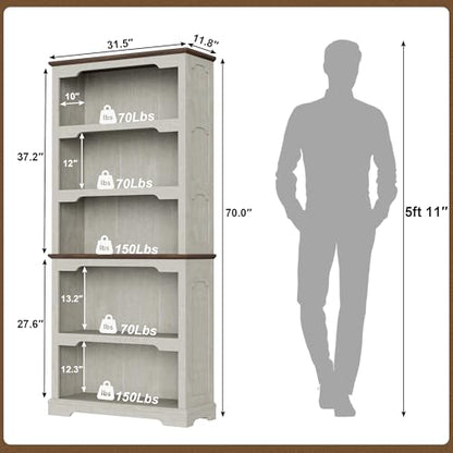 70”Tall White Bookcase Bookshelf, 5-Tier Farmhouse Bookcase Shelves, view 3