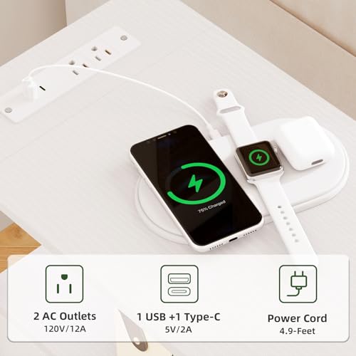 End Table with Charging Station, Narrow Side Table with 2 Fabric Drawers, Skinny Nightstand with Storage, Small Slim Bedside Table for Living Room, Sofa, Bedroom, Couch, White Leather