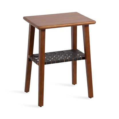 Woebeck Modern Rectangle Wood Side Table, 18 x 14 x 25, Walnut Brown and Black, Transitional Two-Tier End Table with Vegan Leather Shelf for Bedroom Nightstand or Living Room Accent