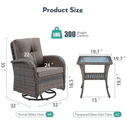 Outdoor Swivel Glider Rocker Chairs Set of 4 - Wicker Patio Furniture Set All Weather Patio Conversatio Sets with 2 Tempered Glass Side Table for Deck Backyard - Brown Wicker Grey Cushion