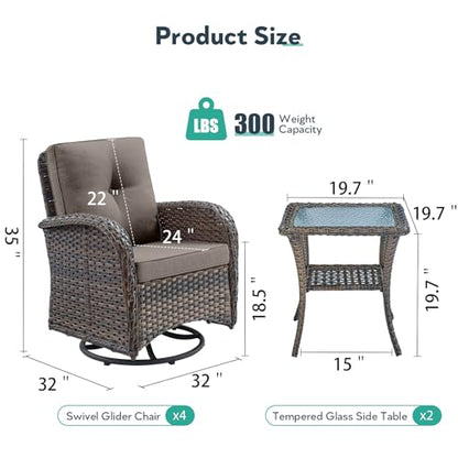 Outdoor Swivel Glider Rocker Chairs Set of 4 - Wicker Patio Furniture Set All Weather Patio Conversatio Sets with 2 Tempered Glass Side Table for Deck Backyard - Brown Wicker Grey Cushion