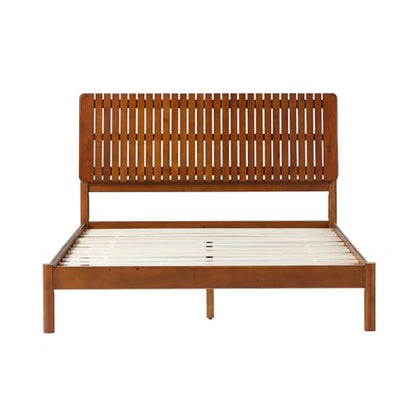 Queen Transitional Vertical Slatted Headboard Solid Wood Bed, Queen Size, Brown