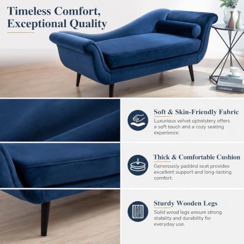 68" Blue Velvet Chaise Lounge Chair, Vintage Scroll Arm & Wave Back Sofa, view 6