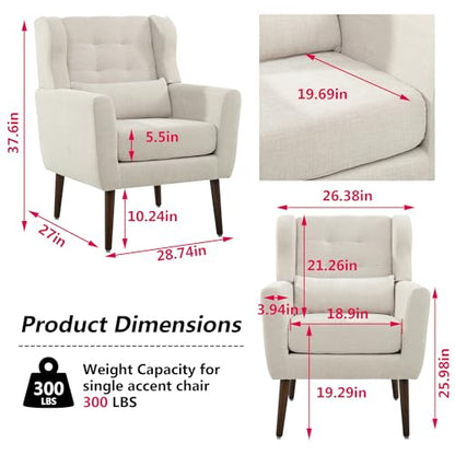 Modern Accent Chair Chenille Fabric Upholstered Tufted Side Wingback Chair,Mid Century Reading Armchair with Waist Pillow Backrest for Living Room Bedroom (Beige)