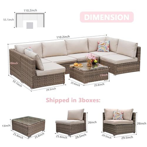 7 Pieces Patio Furniture Set - All-Weather Outdoor Wicker Sectional Conversation Sofa, Rattan Patio Seating Sofa Set with Cushion and Glass Table for Porch Poolside, Brown/Beige