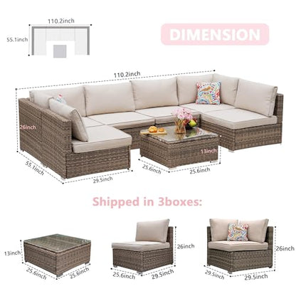 7 Pieces Patio Furniture Set - All-Weather Outdoor Wicker Sectional Conversation Sofa, Rattan Patio Seating Sofa Set with Cushion and Glass Table for Porch Poolside, Brown/Beige