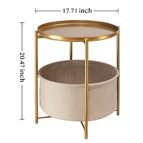 Gold Side Table with Basket, Small Round Table for Living Room | Metal Modern Nightstand for Small Space, Bedroom, Nursery, Accent Metal Stand with Removable Serving Tray, 20.47 in Tall