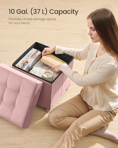 SONGMICS Small Storage Ottoman, Folding Ottoman Cube, 15 x 15 x 15.7 Inches, Footstool, Footrest, 10 Gal. (37 L), Velvet Surface, for Bedroom, Living Room, Dorm, Jelly Pink ULSF0516R01
