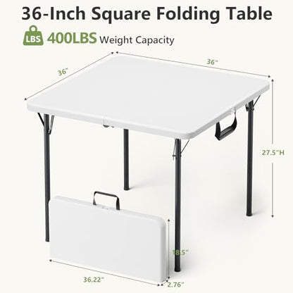 Folding Table, 36 Inch Square Foldable Card Table with Carrying Handle, Heavy Duty Fold-in-Half Portable Table No Assembly, Ideal for Picnic, Camping, RV Travel, Parties, BBQs, Crafting and Indoor Use