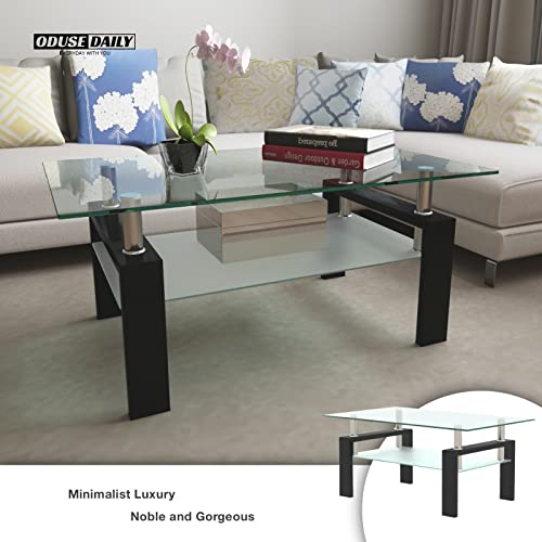 Morden Design Rectangle Glass Coffee Table for Living Room, with Black Metal Legs, Clear Tempered Glass