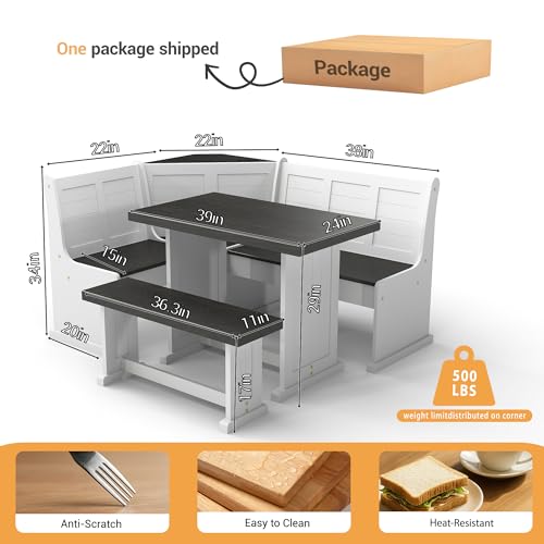Corner Breakfast Nook Dining Set with Storage, L-Shape Kitchen Table with 2 AC Outlets, Space-Saving Bench Seats 5, Scratch & Heat Resistant