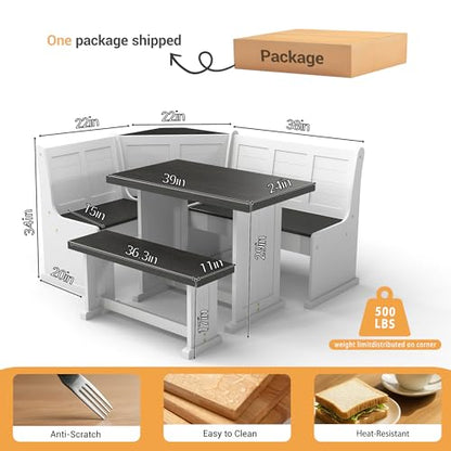 Corner Breakfast Nook Dining Set with Storage, L-Shape Kitchen Table with 2 AC Outlets, Space-Saving Bench Seats 5, Scratch & Heat Resistant