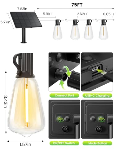 Solar Outdoor String Lights 75 FT, ST38 Patio Lights Shatterproof Dimmable Vintage Edison Bulbs, Solar Powered Weatherproof Light for Patio, Backyard, Garden, Bistro, Warm White