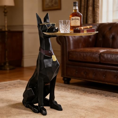 29-Inch Black Resin Geometric Doberman Statue with Tray, Dog Side Table, view 3