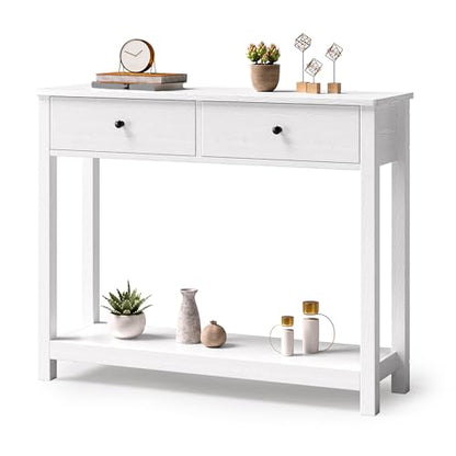 Console Table with Drawers, Sofa Table with Storage Shelves, 2-Tier Wooden Entryway Table for Living Room, Kitchen, Hallway, Foyer, White