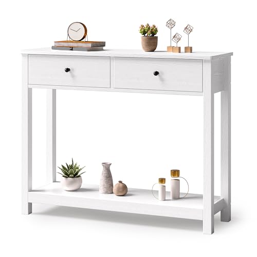 Console Table with Drawers, Sofa Table with Storage Shelves, 2-Tier Wooden Entryway Table for Living Room, Kitchen, Hallway, Foyer, White