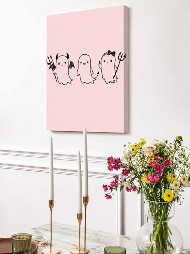 NuYeBiofx Spooky Halloween Ghost on Pink Canvas Wall Art Prints,30"x20" Framed Picture Artwork Cute Black Sketch Printed Canvas Oil Painting for Living Room Bedroom Office,Ready to Hang
