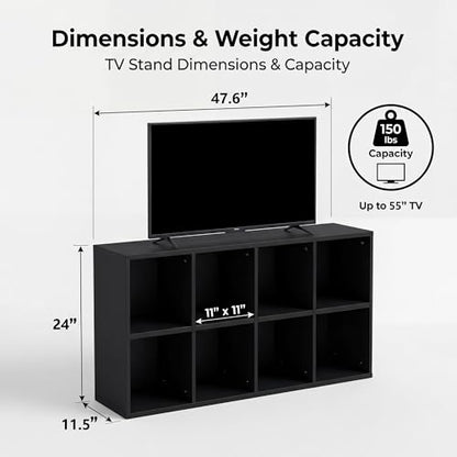 Modern TV Stand for Televisions up to 55 Inch, Mid Century Entertainment Center with 8 Open Shelves for 32/43/50/55 Inchs TVs, Media Console with Adjustable Shelves for Living Room, Black