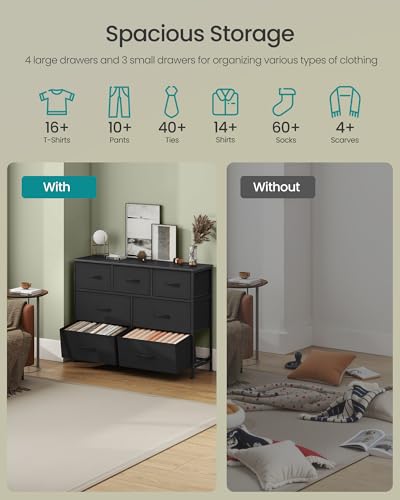 SONGMICS Dresser for Bedroom, Chest of Drawers, TV Stand, Steel, MDF, 7 Non-Woven Fabric Drawers, Storage Organizer Unit, Closet, Entryway, Ink Black and Ebony Black ULGS323B01S