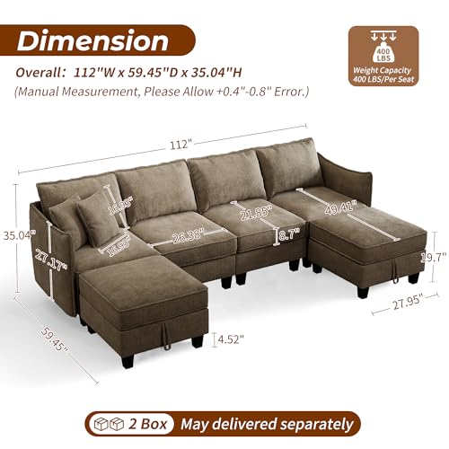 112" Modular Sectional Sofa U Shape Couches with Storage Ottoman and Washable Cushion Cover for Living Room, Bedroom, Apartment(Brown)