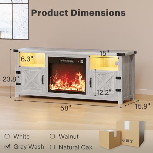 58 Inch LED Fireplace TV Stand for TVs up to 65 Inch, Gray Wash, view 3