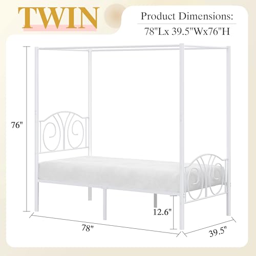 Twin Canopy Bed Frame, Vintage Scrollwork Headboard, Pure White, view 3