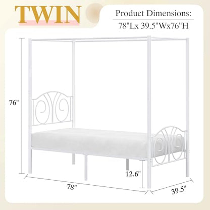 Twin Canopy Bed Frame, Vintage Scrollwork Headboard, Pure White, view 3