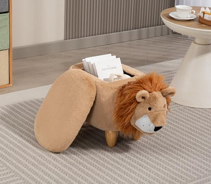 Lion Ottoman with Storage for Kids – Plush Animal Footstool for Nursery, Playroom, Living Room or Bedroom – Toy Organizer and Footrest – Cute Toddler Furniture with Wooden Legs