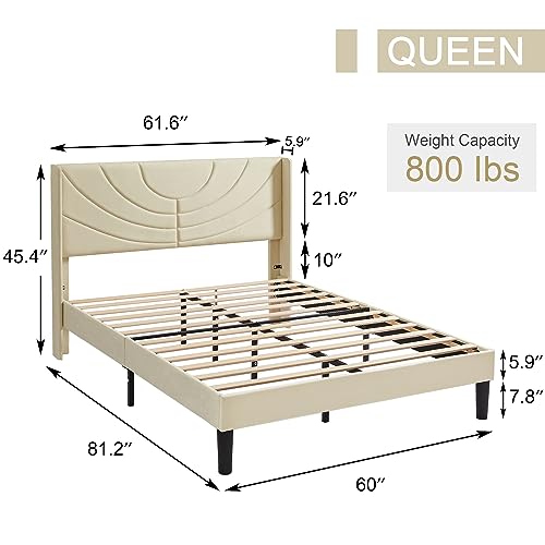 Upholstered Platform Queen Size Bed Frame with Fabric Headboard, view 3