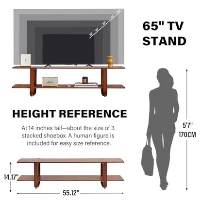 Low Bamboo TV Stand for Up to 65 Inch, Small Mid Century Modern Entertainment Center with 2-Tier Open Shelves, Walnut Media Console Table for Living Room, Bedroom