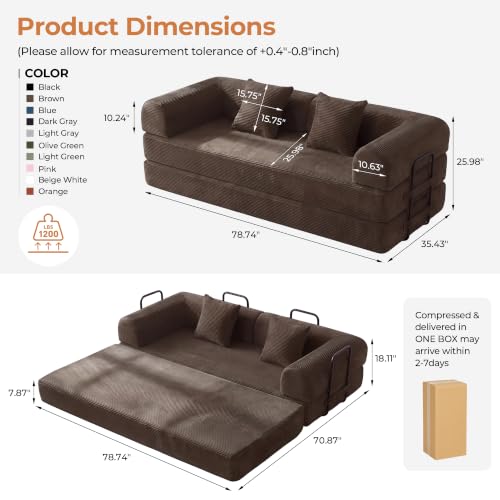 79'' Convertible Sofa Bed, Folding Sleeper Couch with Pull Out Bed, Modular Floor Couch with Cushions, Corduroy Sofa for Apartment Living Room Bedroom Guest Room Use, No Assembly (Brown)