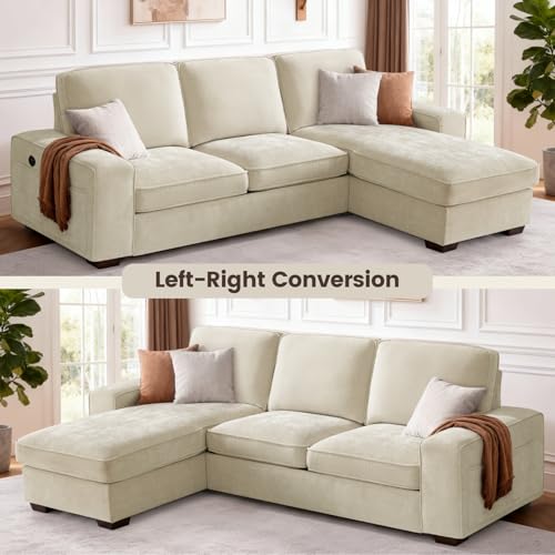 97" L-Shaped Sectional Couch with Storage, Sofa with Reversible Chaise, USB Type-C Charging, Chenille Fabric, Removable Covers, for Small Space, Apartment, Living Room (Beige, 53" Chaise)