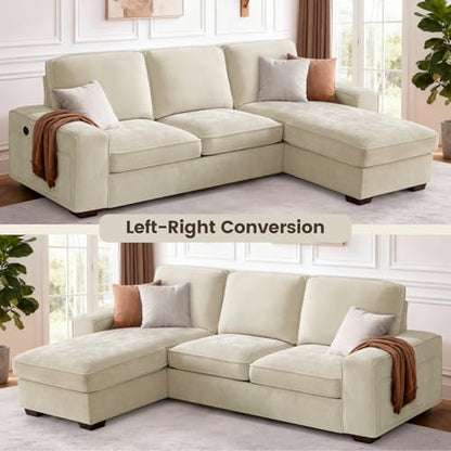 97" L-Shaped Sectional Couch with Storage, Sofa with Reversible Chaise, USB Type-C Charging, Chenille Fabric, Removable Covers, for Small Space, Apartment, Living Room (Beige, 53" Chaise)