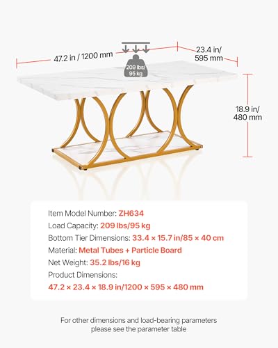 Coffee Table, Modern Faux Marble Coffee Table, Large 2-Tier Rectangle Center Desk with Geometric Legs, Minimalist Sturdy Metal Frame Accent End Desk for Living Room, Office, Easy Assembly, White