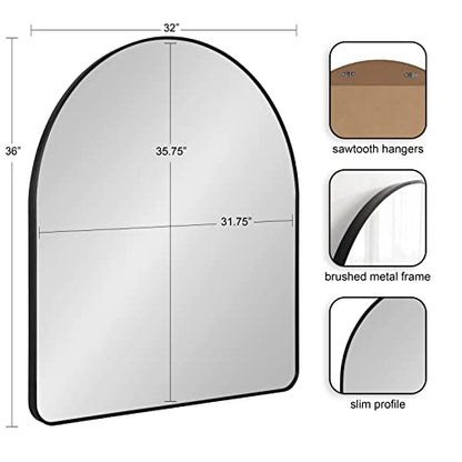 Zayda Modern Round Arch Framed Statement Wall Mirror, 32 x 36, Black, Metal Minimalist Farmhouse Arched Wall Mirror with Smooth Curves