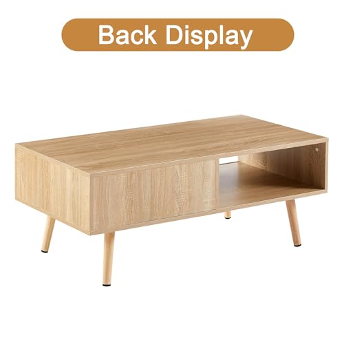 Rattan Coffee Table with Storage, Mid Century Modern Nature Wood | 41.3" Coffee Tables for Living Room, Wooden Coffee Table with Rectangle Top, Sliding Rattan Door, Solid Wood Legs