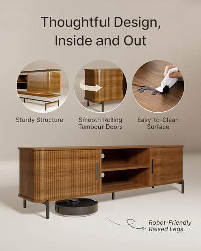 70" Mid-Century Fluted TV Stand with Storage up to 80 Inch, Walnut | Modern Entertainment Center with Sliding Doors & Open Shelves