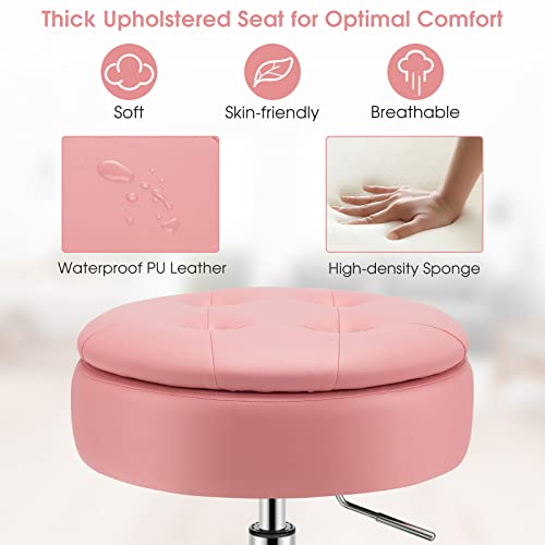 Vanity Stool with Storage, 360° Swivel PU Leather Vanity Chair, 20” to 26” Height Adjustable Makeup Stool with Flipped Lid, Modern Round Storage Ottoman for Living Room Bedroom, Pink