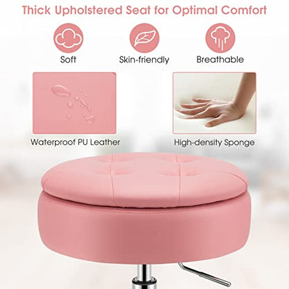 Vanity Stool with Storage, 360° Swivel PU Leather Vanity Chair, 20” to 26” Height Adjustable Makeup Stool with Flipped Lid, Modern Round Storage Ottoman for Living Room Bedroom, Pink