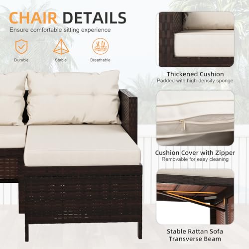 3-Piece Outdoor Patio Furniture Sets, Wicker Patio Conversation Sets, All Weather Wicker Rattan Patio Seating Sofas with Glass Coffee Table and Cushion, Beige