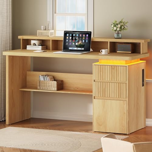 59" Executive Desk with Drawer, Fluted Computer Desk with File Drawer, Monitor Stand, Home Office Desk with Charging Station, LED Light, Fluted Computer Writing Desk for Study, Natural