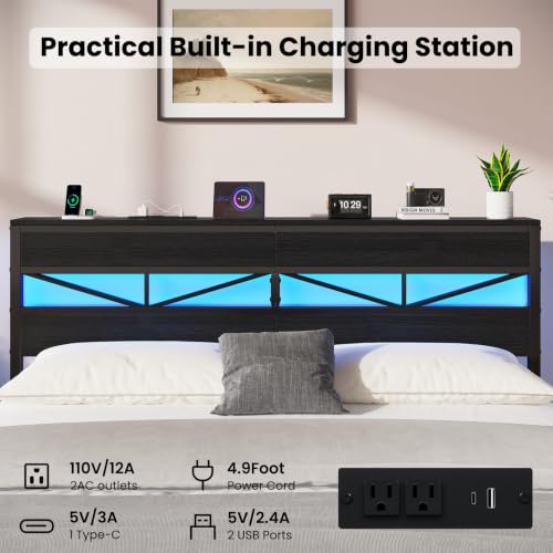 King Size Bed Frame with Storage Headboard and Charging Station, Black, view 5
