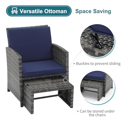 6 Piece Patio Furniture Conversation Set with Ottoman, Outdoor Grey Wicker Chair and Table Set, Balcony Furniture for Apartments, Navy Blue