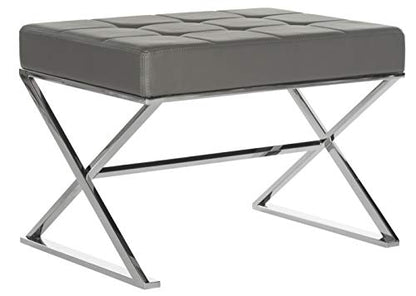 Safavieh Home Collection Micha Modern Glam Cream Tufted and Silver Steel Ottoman