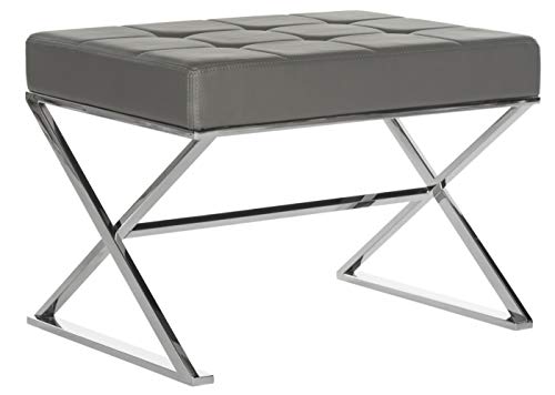 Safavieh Home Collection Micha Modern Glam Cream Tufted and Silver Steel Ottoman