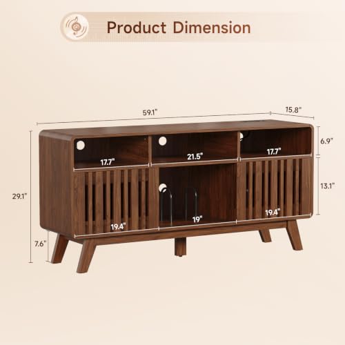 59"Large Vinyl Record Cabinet with Built-in Charging Station, Walnut, view 3