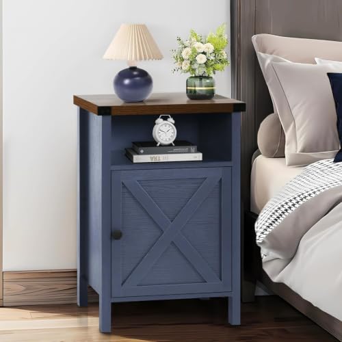 Navy blue farmhouse nightstand with barn door and shelf, view 3