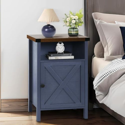 Navy blue farmhouse nightstand with barn door and shelf, view 3